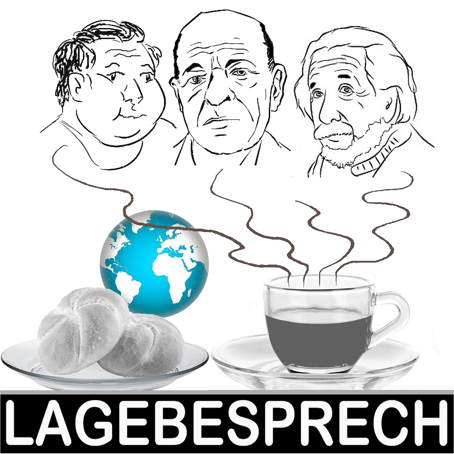 Logo: die 3 Köpfe der Runde schweben über Frühstücksgedeck und Erdkugel